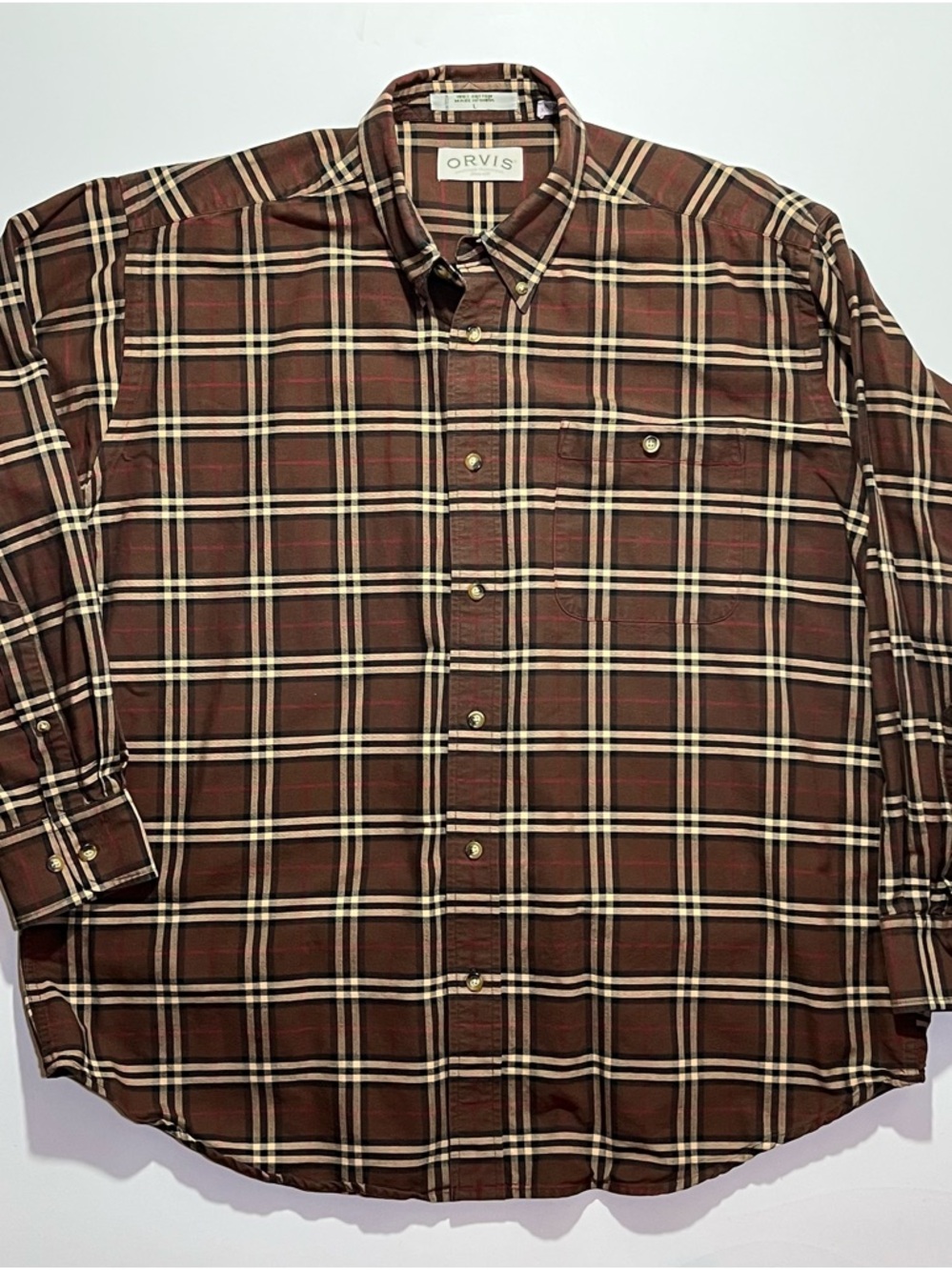 Orvis Long Sleeve Plaid Button Down Shirt, Men’s Large, 100% Cotton